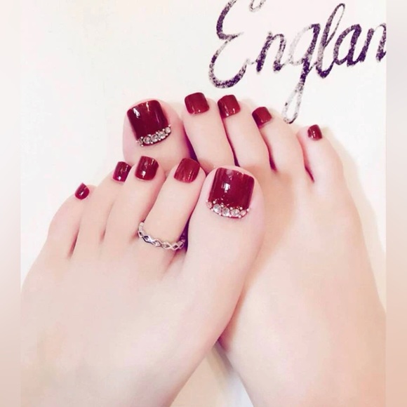 Other - ❀ 24PC Candy Apple Red Burgundy Rhinestone Artificial Press On Toe Nails
